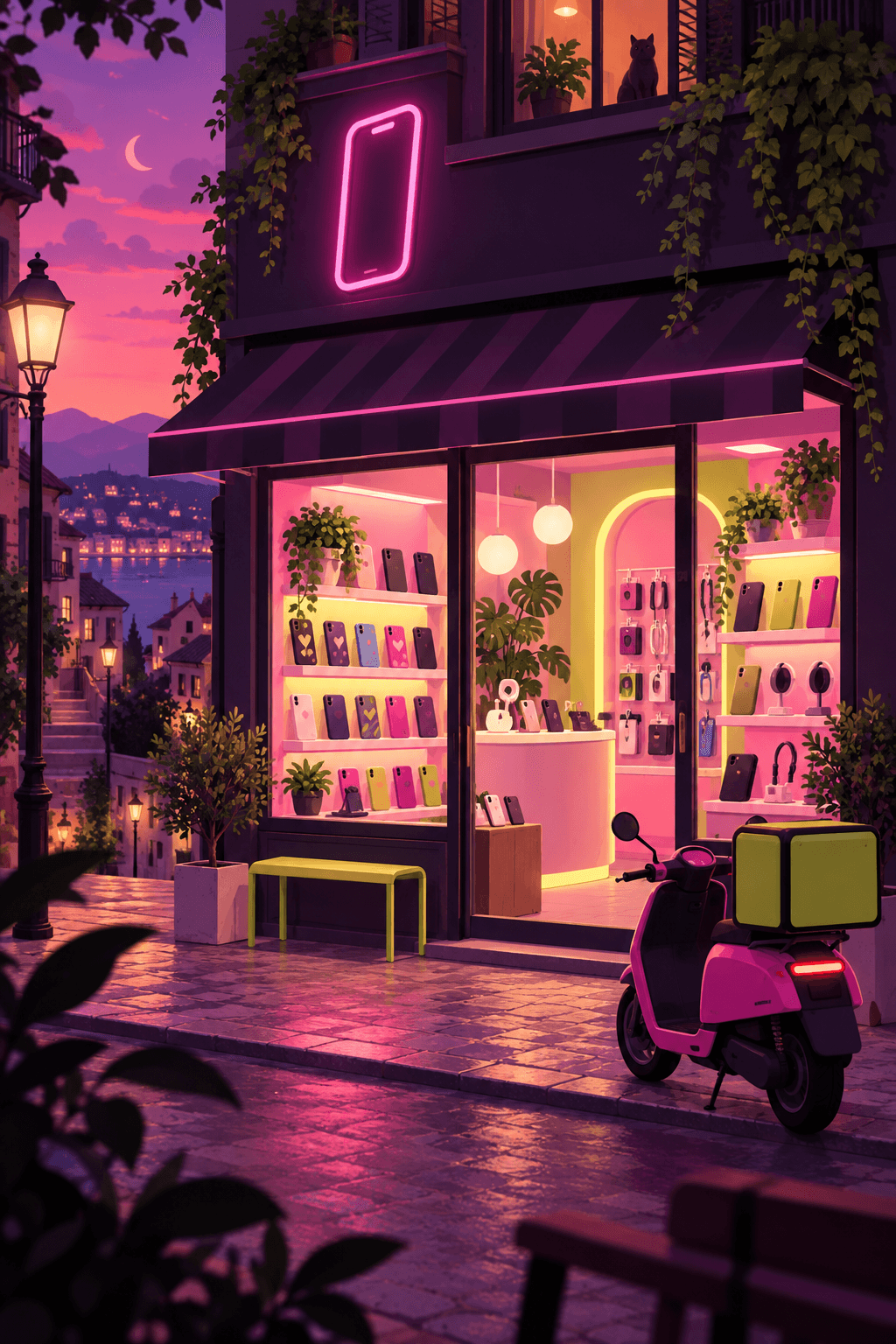 Ilustración de un local de tecnología iluminado al atardecer